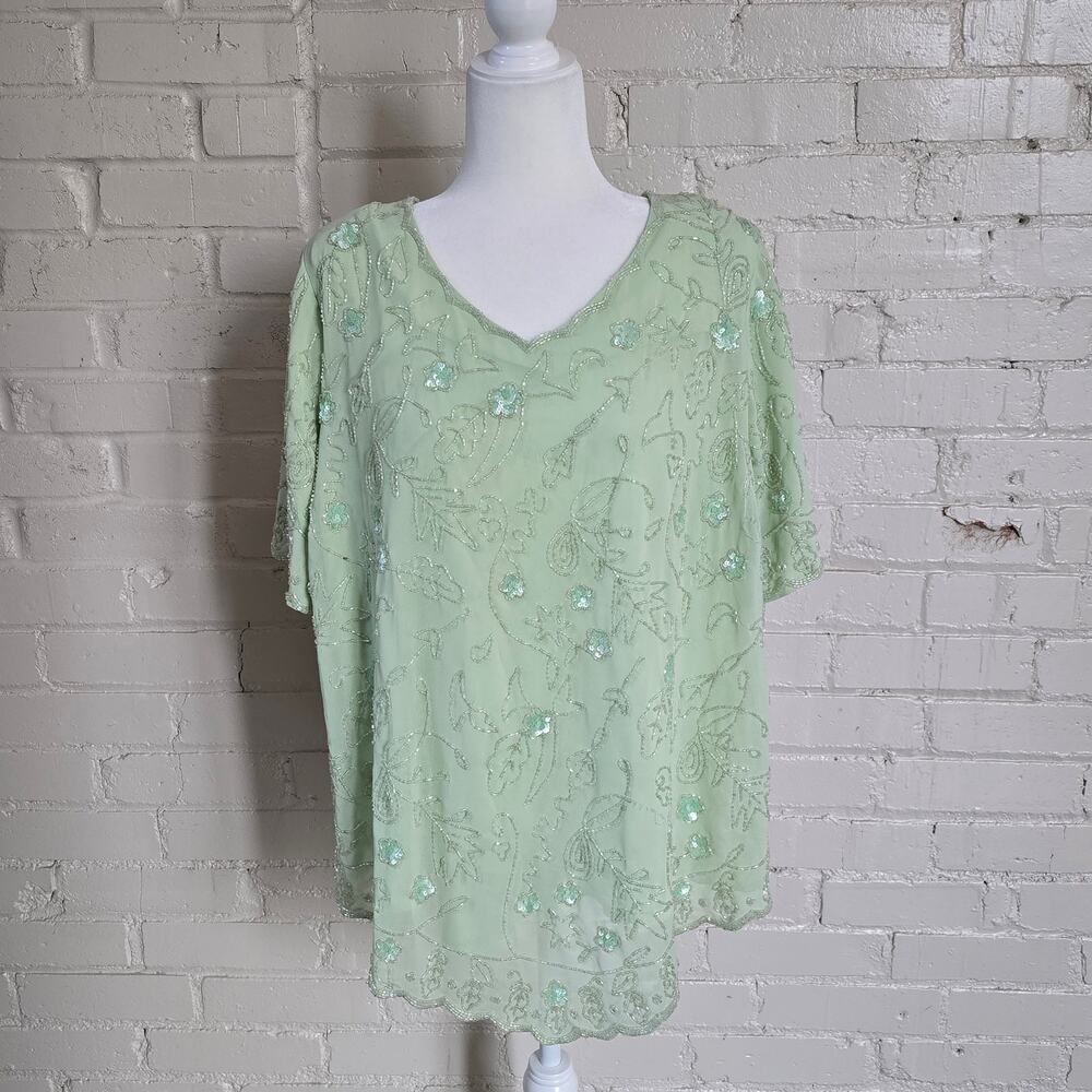 Vintage Seafoam Green Beaded Sequin Top┃Roaman’s 22W┃Mermaidcore & Fairycore